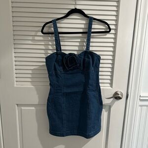 Classic Indigo Denim Mini Dress with Rose Detail